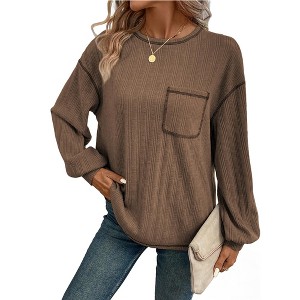 Women's Ribbed Pocket Tee Shirt Casual Crew Neck T-Shirt - 1 of 4