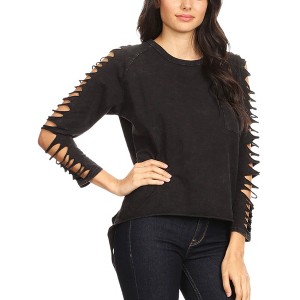 Anna-Kaci Women's Distressed Long Sleeve Top with Cut-Out Details and Raw Hem - 1 of 4