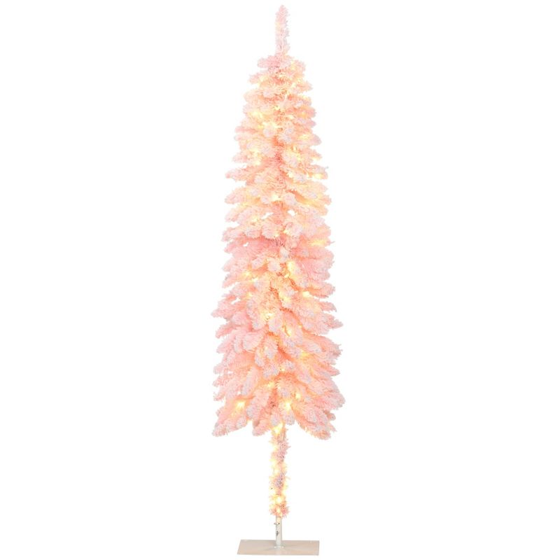 HOMCOM 6 FT Pencil Prelit Artificial Christmas Tree Holiday Decoration with Snow Flocked Branches, Warm White LED Lights, Downswept Shape, Pink, 4 of 7