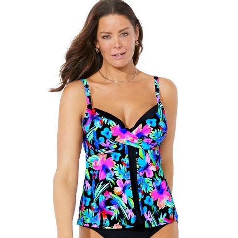 Swimsuits For All Women's Plus Size Flyaway Bandeau Tankini Set 12 Multi  Tropical, Black