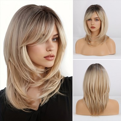 Jessie's Wig 14 Inch Straight With Curtain Bangs Wig Synthetic Wig Ombre Blonde 1 Pc/Pack
