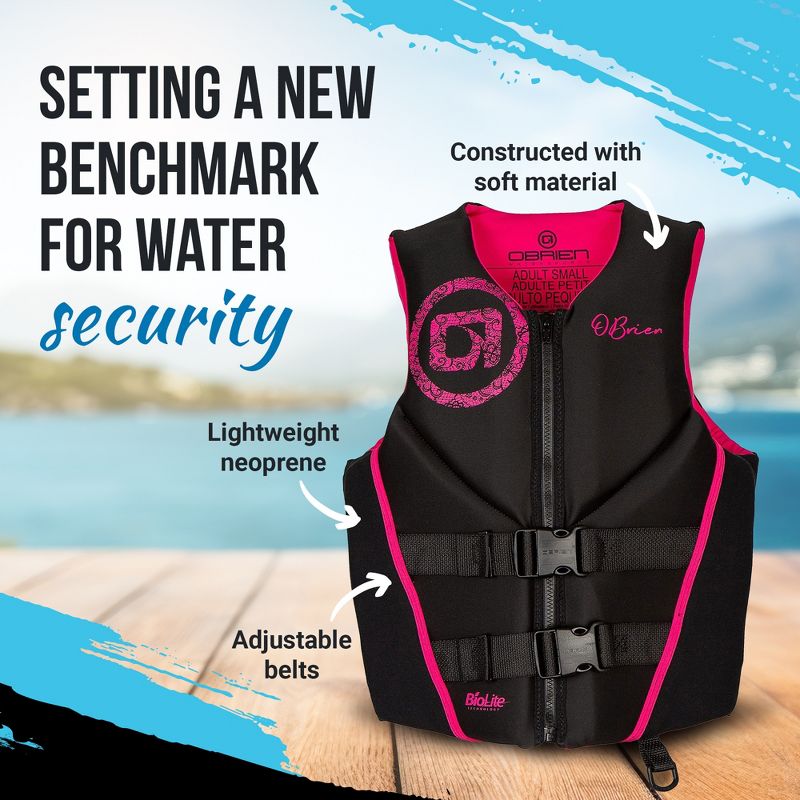 O'Brien Women's Lightweight Traditional Neoprene USCGA Life Jacket with Zip Closure and Concealed Belts for Water Sports, XS, Pink, 2 of 7