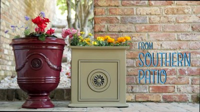 Glossy Black Square Resin Planter with Floral Medallions, 16"