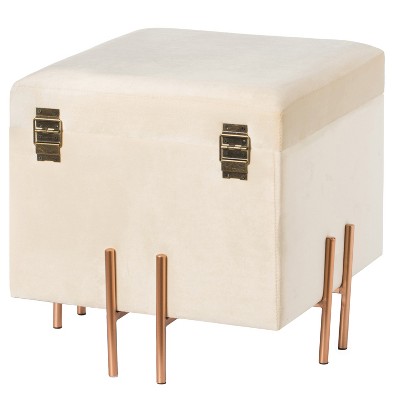 Ivory Velvet Storage Ottoman with Rose Gold Legs