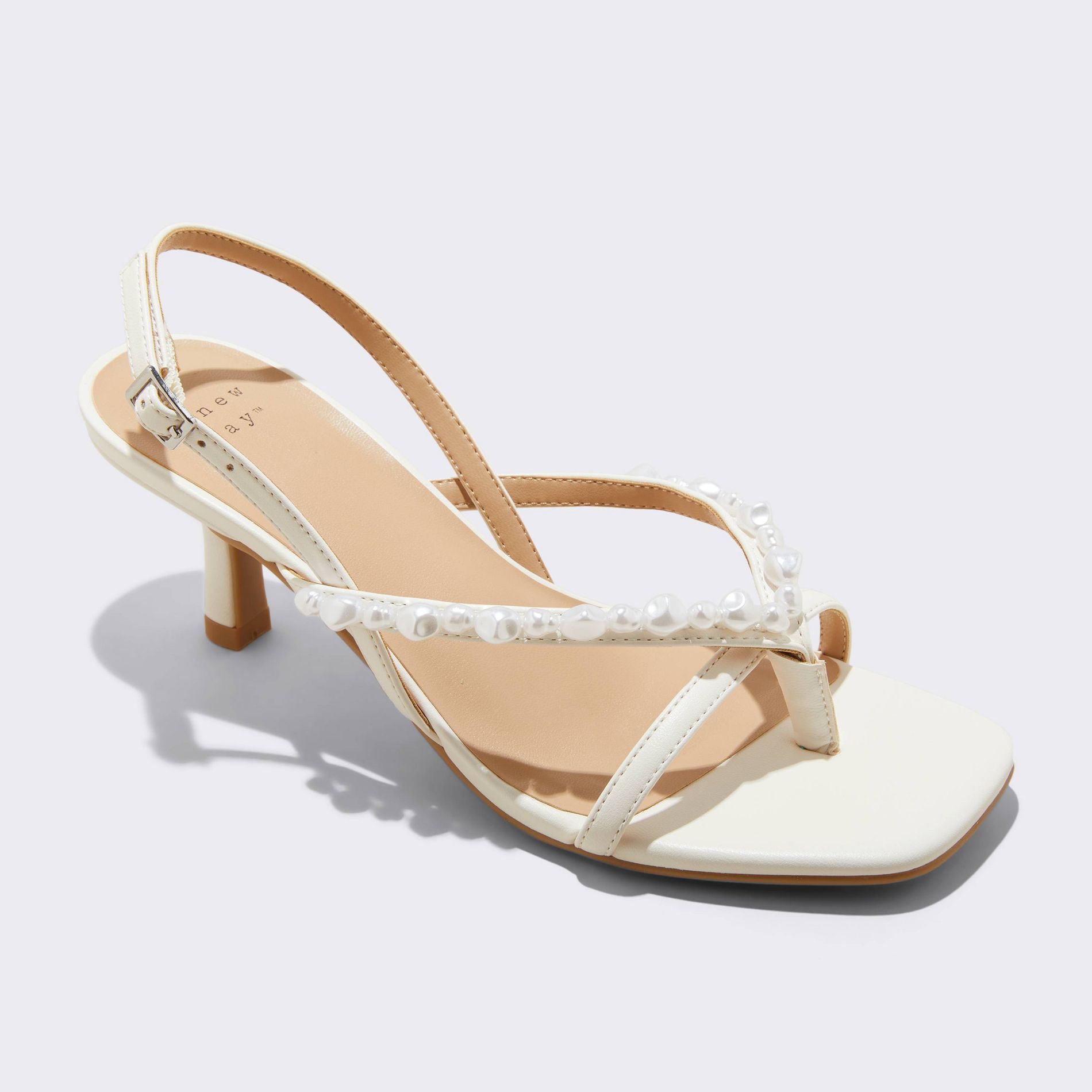 Women's Marin Pearl Skinny Thong Heels - A New Day™ Ivory 7.5: Open Square Toe, Cushioned Insole, Faux Leather, Buckle Closure