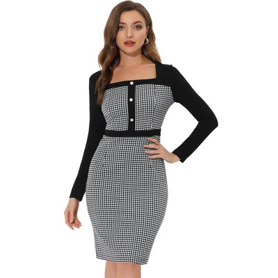 Allegra K Women's Vintage Houndstooth Square Neck Contrast Long Sleeve Midi Bodycon Dress