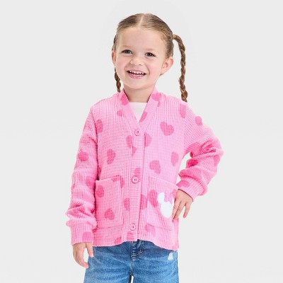 Image of Toddler Girls' Disney Minnie Mouse Valentine's Hearts Cardigan Sweater - Pink 12M