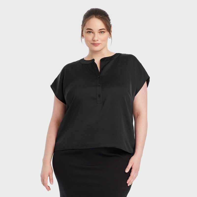 Women's Button Short Sleeve V-Neck Blouse - A New Day™, 1 of 5