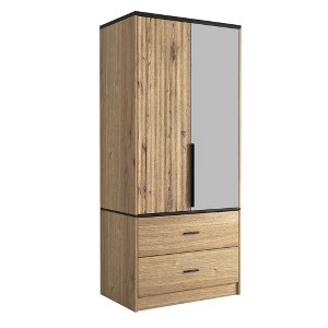 TiramisuBest Modern Minimalist Style Multi-functional Wooden Wardrobe - With Mirrored Door and Drawers - Natural Wood MDF Design - 1 of 4