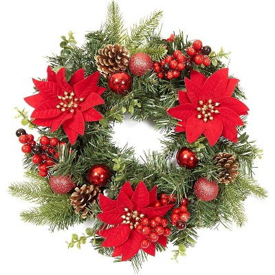 GAOMON 16 Inch Christmas Wreath for Front Door, Xmas Door Wreath with Balls, Artificial Flowers, Berries & Pine Cones