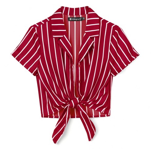 Allegra K Women's Striped Button Up Tie Front Crop Shirt