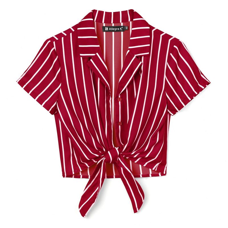 Allegra K Women's Retro Striped Button Up Short Sleeve Tie Front Crop Shirt, 1 of 8