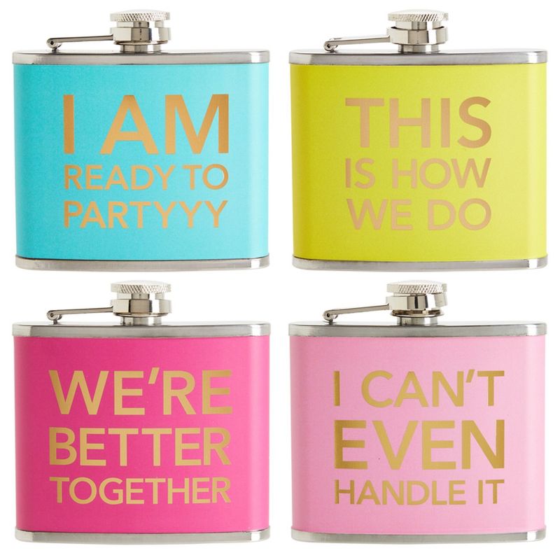 Juvale Pack of 4 Stainless Steel Flask, Hip Flasks for 5oz Liquor, 4 Trendy Colorful Designs for Wedding & Bachelorette Party Favors, 1 of 9
