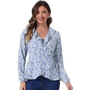 INSPIRE CHIC Women's Floral Print V Neck Tie Waist Ruffle Neck Chiffon Wrap Shirt - 1 of 4
