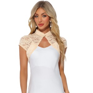 INSPIRE CHIC Women's Lace Stand Collar Pearl Button Short Sleeve Cropped Shrug - 1 of 4