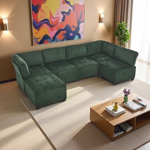 U-Shaped Corduroy Sectional Sofa with Reversible Chaise, Deep Seat & Durable Support - 1 of 4