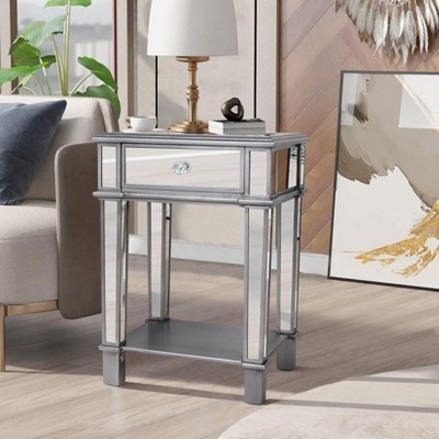 Artloge 17.7x14.9x25 inch Silver Glass Mirrored Side Table Nightstand End Table with Open Shelf for Bedroom