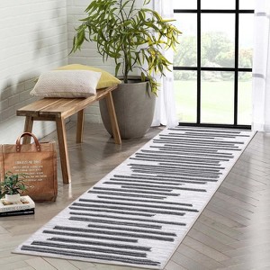 2'x6' Washable Modern Berber Stripe Rug, Low Pile, Non-Slip, Soft & Foldable, Ideal for Living Room, Bedroom, Dining, Office, Beige Blue - 1 of 4