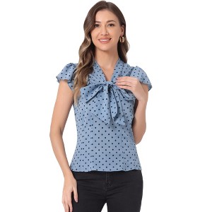 INSPIRE CHIC Women's Polka Dots Tie V Neck Flutter Cap Sleeve Blouse - 1 of 4