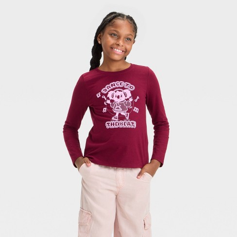 Girls Long Sleeve Dance To The Beat Graphic T Shirt Cat Jack Burgundy L Plus
