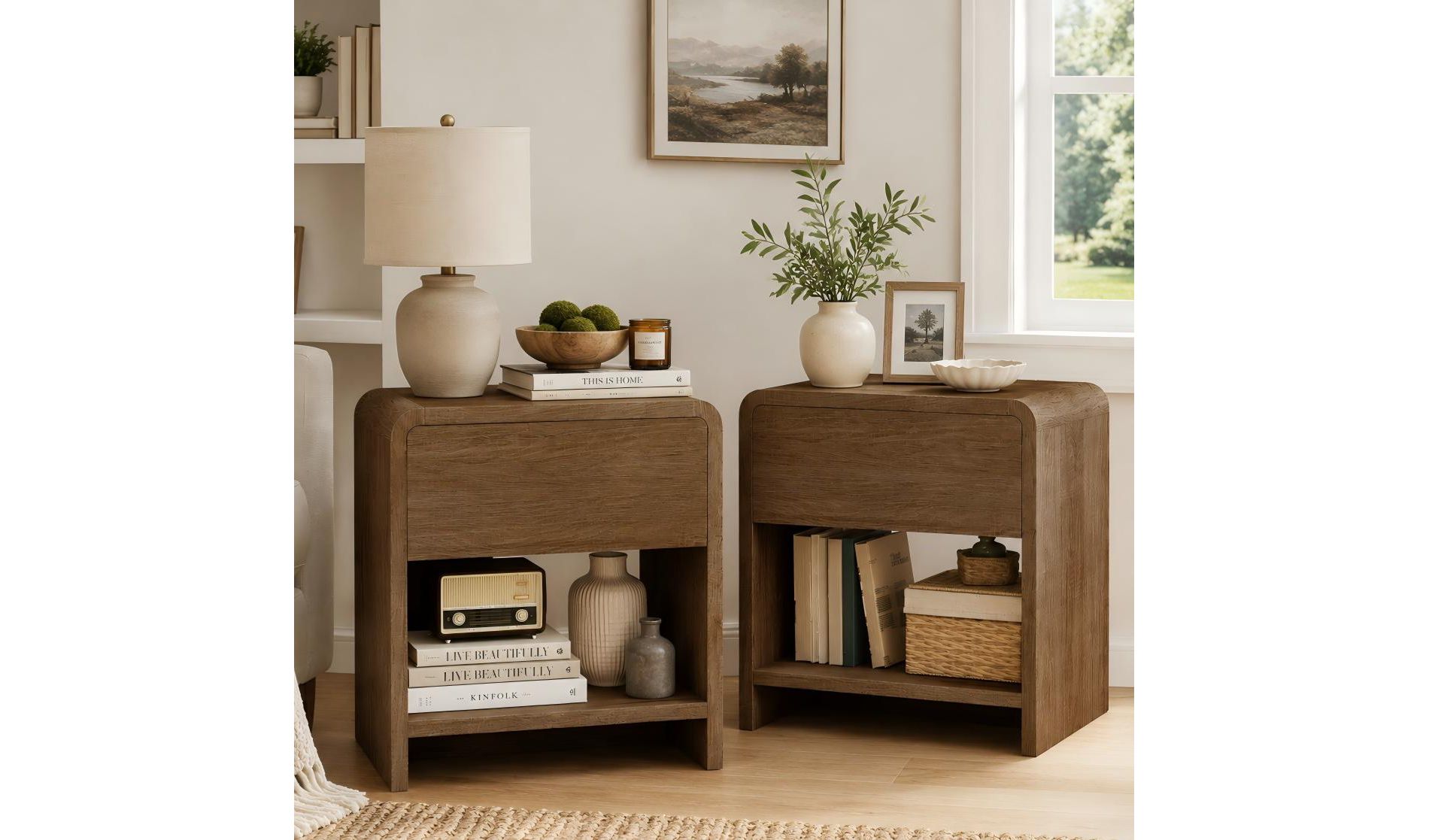AMERLIFE 2-Piece Modern Nightstand Set with Drawer and Open Shelf, Engineered Wood, Walnut