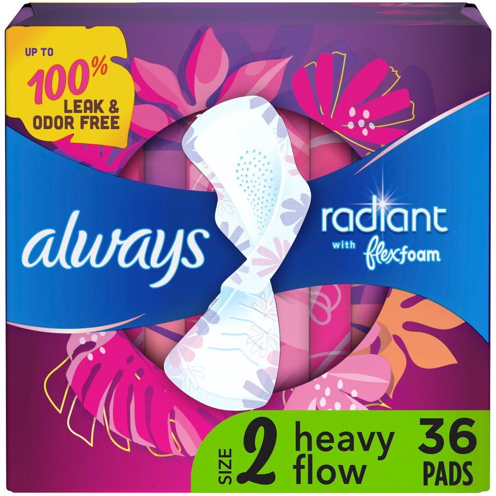 Always Radiant Flex Foam Heavy Flow Absorbency Pads with Wings - Scented - Size 2 - 36ct