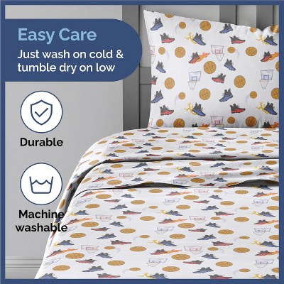 Kids Basketball Print Blue Microfiber Queen Sheet Set