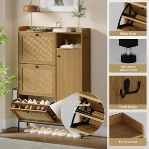 Jojoka Shoe Cabinet with 3 Flip Drawers, Rattan Freestanding Organizer with Adjustable Shelves, Metal Knob, Narrow Shoe Rack - 1 of 4