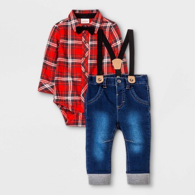 Image of Baby Boys' Family Plaid Top & Bottom Set with Bowtie - Cat & Jack™ Red 6-9M