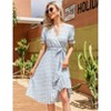 Women's Puff Sleeve Wrap V-Neck Dress Pleated Midi Dress with Tie Belt - 2 of 4