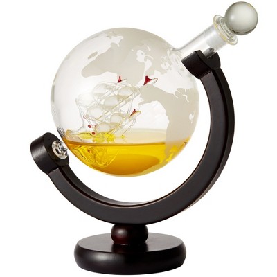 Berkware Globe Etched Whiskey Decanter with Interior Hand-Crafted Glass Ship - 28oz