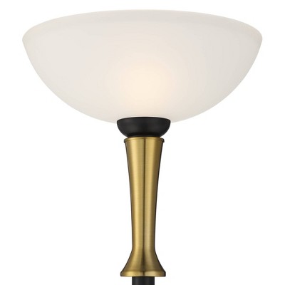Art Deco Inspired Black Brass Torchiere Floor Lamp with Frosted Glass