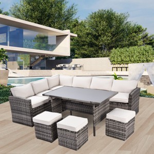 Maria 7-piece All Weather PE Rattan Patio Conversation Set, Sectional Sofa Set with Dining Table, Outdoor Furniture - Maison Boucle - 1 of 4