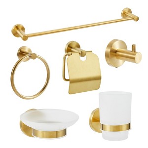 6 Piece Bathroom Set: Towel Bar, Ring, Toilet Paper Holder, Robe Hook, Cup & Soap Dish in Stainless Steel. - 1 of 4