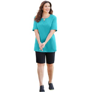 Catherines Women's Plus Size Suprema Pleat-Neck Tee - 1 of 4