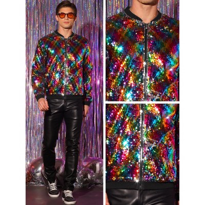 Lars Amadeus Men's Zip Up Long Sleeves Party Disco Sparkly Sequin Bomber Jacket Multicolor Large — фото 4