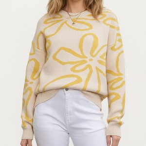 Anna-Kaci Women's Abstract Floral Pattern Knit Sweater with Soft Crew Neckline and Relaxed Long Sleeve Pullover Design - 1 of 4