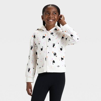 Girls' Zip-Up Halloween Cat Fleece Hoodie Sweatshirt - Cat & Jack™ Cream