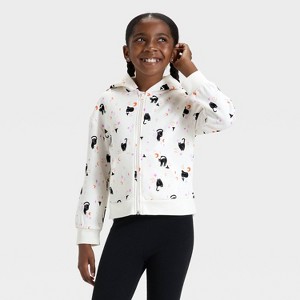 Girls' Zip-Up Halloween Cat Fleece Hoodie Sweatshirt - Cat & Jack™ Cream - 1 of 3
