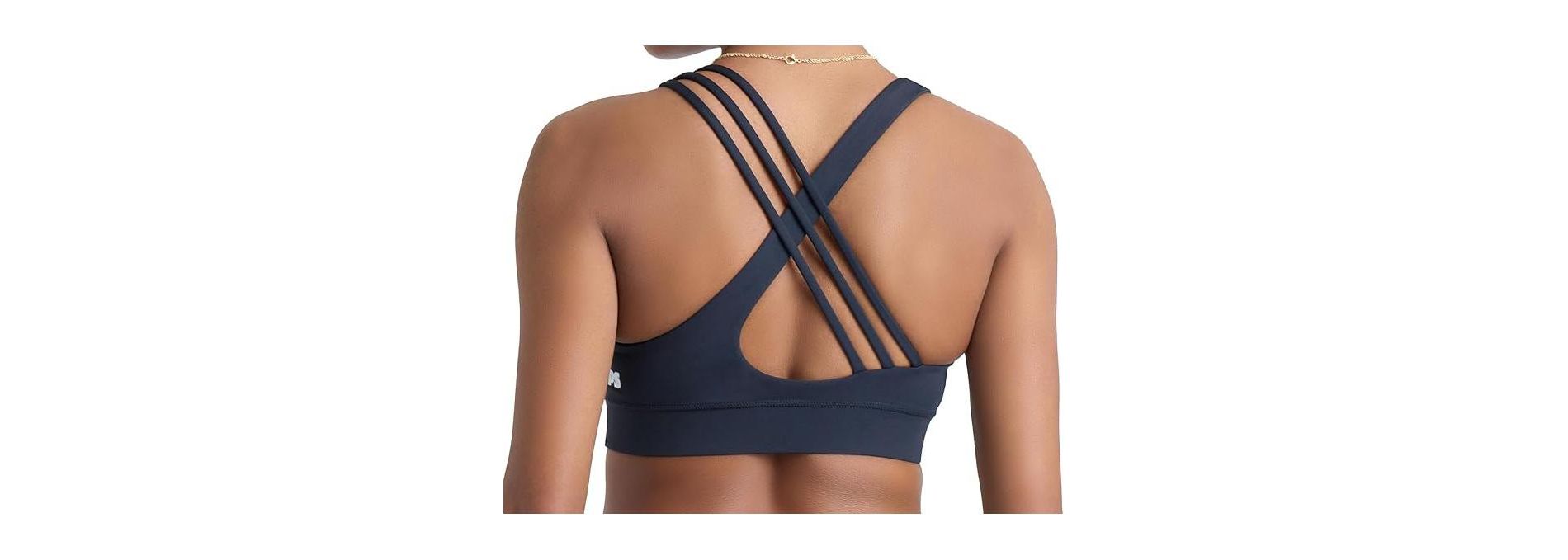 POPSUGAR PS Strappy Sports Bra for Women Black Night- Criss-Cross Back Padded Yoga Bra Workout Tops & Removable Cups