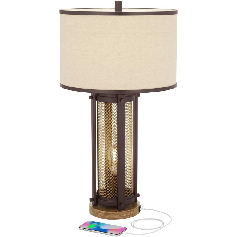 Franklin Iron Works Otto Rustic Farmhouse Table Lamp 28 1/2" Tall Bronze Brass Mesh with USB Charging Port LED Nightlight Beige Drum Shade for Bedroom, 3 of 10