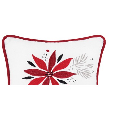 White Embroidered Poinsettia & Mistletoe Holiday Throw Pillow