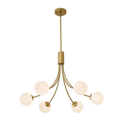 PAKOKULA Vintage 6-Light Gold Sputnik Linear Chandelier with White Opal Glass Shades