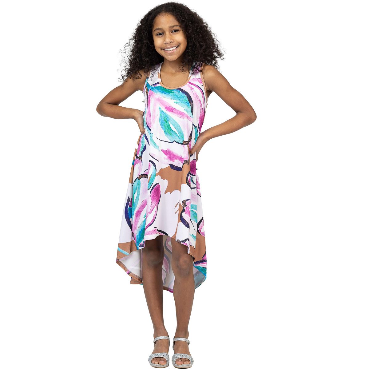 24sevenkid Girls Pastel Floral High Low Sleeveless Pocket Dress