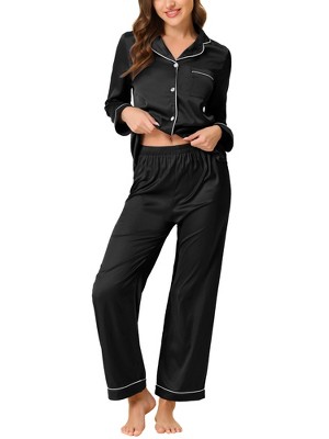 cheibear Women's Satin Button Down Lounge Tops and Pants Sleepwear Pajama Set