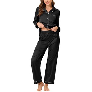 cheibear Women's Satin Button Down Lounge Tops and Pants Sleepwear Pajama Set - 1 of 4