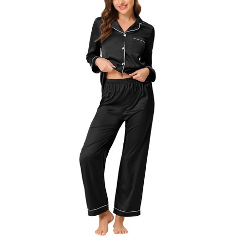 cheibear Women s Satin Button Down Lounge Sleepwear Tops and Pants Pajama Set Black X Large