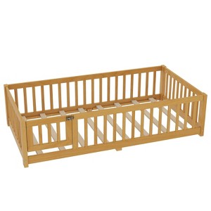 SEVOBAL Kids Bedroom Furniture Twin Floor Bed With Safety Guardrails Door Removable Slats No Box Spring Needed for Kids, Brown, 77.95"*17.72"*4.92" - 1 of 4