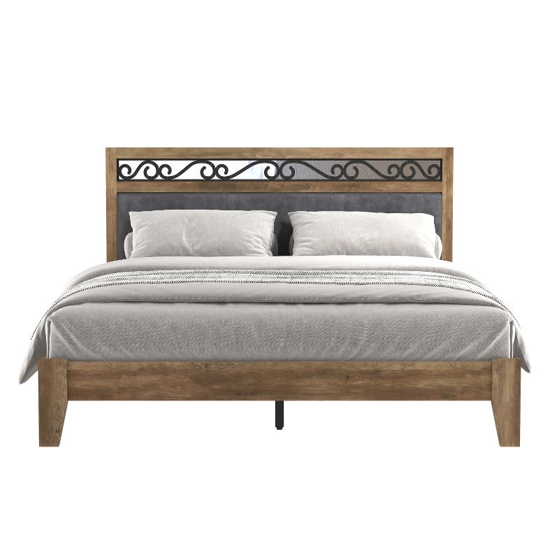 Galano Tammin Knotty Oak Upholstered Queen Platform Bed with Headboard, 2 of 13