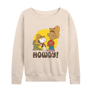 Women's - Peanuts - Franklin And Snoopy Howdy Lightweight French Terry Wide Neck Long Sleeve Shirt - 1 of 4